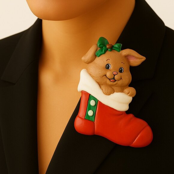 Vintage Christmas Puppy Brooch – Dog in Stocking Holiday Pin - 1.5 x 1.5" - Picture 1 of 6